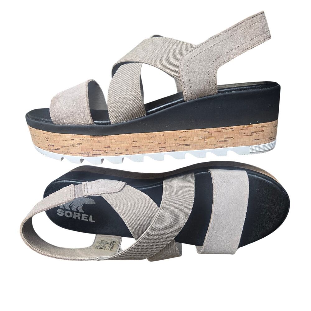 Sorel Sandal US 8.5 Cameron Stretch Leather Strappy Cork Wedge Tan Black Preppy